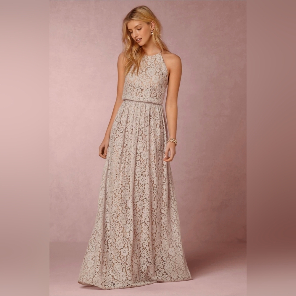 BHLDN Lace Maxi Dress in Light Gray with Tie Waist